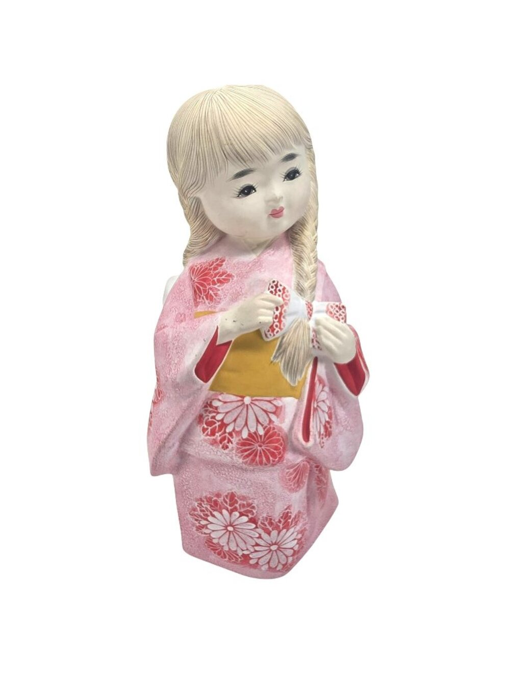 Ceramic Japanese Girl Figurine In Pink Kimono Floral Design Kneeling Pose JE369